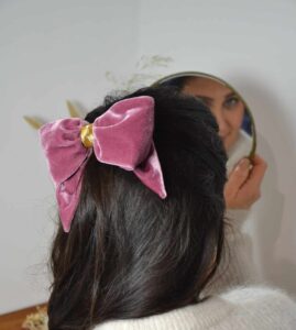 BARRETTE NOEUD VELOURS PARME VIEUX ROSE