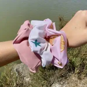 Chouchou “Sirène” – Waterproof – Rose imprimé oranges